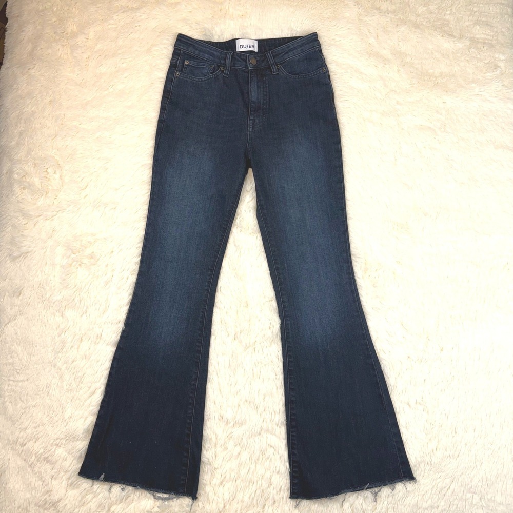 DU/ER Flare Jeans Womens 27 Dark Wash Raw Hem Performance Denim High Rise